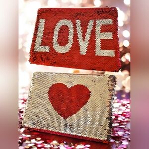 Clarins Red and Silver Changeable Sequin LOVE Clutch + Sequinned Pouch